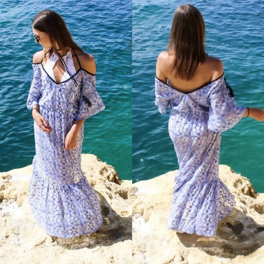 Nidodileda Sheer Jacquard Geometric Print Blue Maxi Dress Sz L Greece Made - Picture 2 of 12